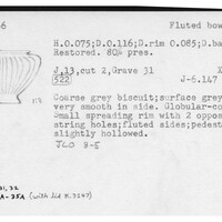 Index card with typed and handwritten information, sometimes including a sketch, of pottery from an excavation.