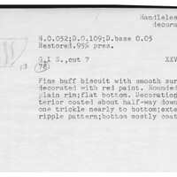 Index card with typed and handwritten information, sometimes including a sketch, of pottery from an excavation.