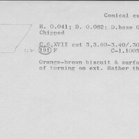 Index card with typed and handwritten information, sometimes including a sketch, of pottery from an excavation.