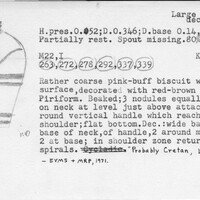 Index card with typed and handwritten information, sometimes including a sketch, of pottery from an excavation.