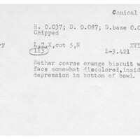 Index card with typed and handwritten information, sometimes including a sketch, of pottery from an excavation.