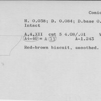 Index card with typed and handwritten information, sometimes including a sketch, of pottery from an excavation.