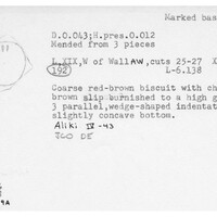 Index card with typed and handwritten information, sometimes including a sketch, of pottery from an excavation.