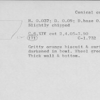 Index card with typed and handwritten information, sometimes including a sketch, of pottery from an excavation.