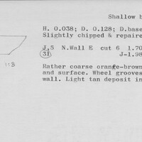 Index card with typed and handwritten information, sometimes including a sketch, of pottery from an excavation.