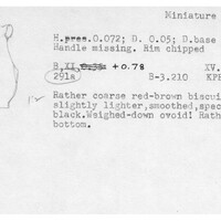 Index card with typed and handwritten information, sometimes including a sketch, of pottery from an excavation.