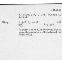 Index card with typed and handwritten information, sometimes including a sketch, of pottery from an excavation.