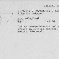 Index card with typed and handwritten information, sometimes including a sketch, of pottery from an excavation.