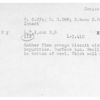 Index card with typed and handwritten information, sometimes including a sketch, of pottery from an excavation.