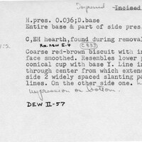 Index card with typed and handwritten information, sometimes including a sketch, of pottery from an excavation.