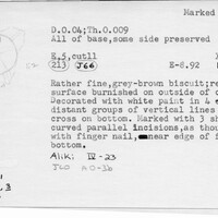 Index card with typed and handwritten information, sometimes including a sketch, of pottery from an excavation.