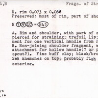 Index card with typed and handwritten information, sometimes including a sketch, of pottery from an excavation.