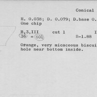 Index card with typed and handwritten information, sometimes including a sketch, of pottery from an excavation.