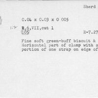 Index card with typed and handwritten information, sometimes including a sketch, of pottery from an excavation.