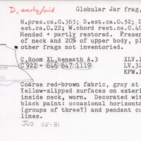 Index card with typed and handwritten information, sometimes including a sketch, of pottery from an excavation.