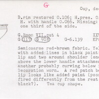 Index card with typed and handwritten information, sometimes including a sketch, of pottery from an excavation.
