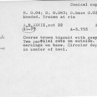 Index card with typed and handwritten information, sometimes including a sketch, of pottery from an excavation.