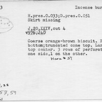 Index card with typed and handwritten information, sometimes including a sketch, of pottery from an excavation.