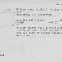 Index card with typed and handwritten information, sometimes including a sketch, of pottery from an excavation.