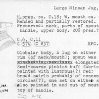 Index card with typed and handwritten information, sometimes including a sketch, of pottery from an excavation.