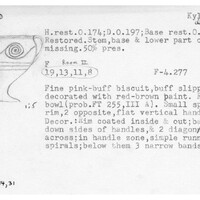 Index card with typed and handwritten information, sometimes including a sketch, of pottery from an excavation.