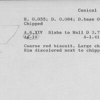 Index card with typed and handwritten information, sometimes including a sketch, of pottery from an excavation.