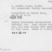 Index card with typed and handwritten information, sometimes including a sketch, of pottery from an excavation.
