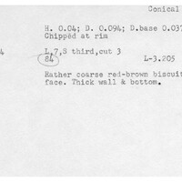 Index card with typed and handwritten information, sometimes including a sketch, of pottery from an excavation.