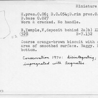 Index card with typed and handwritten information, sometimes including a sketch, of pottery from an excavation.