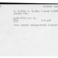 Index card with typed and handwritten information, sometimes including a sketch, of pottery from an excavation.