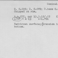 Index card with typed and handwritten information, sometimes including a sketch, of pottery from an excavation.