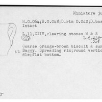 Index card with typed and handwritten information, sometimes including a sketch, of pottery from an excavation.