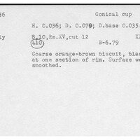 Index card with typed and handwritten information, sometimes including a sketch, of pottery from an excavation.