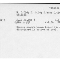 Index card with typed and handwritten information, sometimes including a sketch, of pottery from an excavation.