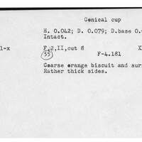 Index card with typed and handwritten information, sometimes including a sketch, of pottery from an excavation.