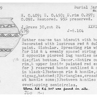 Index card with typed and handwritten information, sometimes including a sketch, of pottery from an excavation.