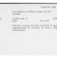 Index card with typed and handwritten information, sometimes including a sketch, of pottery from an excavation.