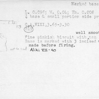 Index card with typed and handwritten information, sometimes including a sketch, of pottery from an excavation.