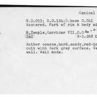 Index card with typed and handwritten information, sometimes including a sketch, of pottery from an excavation.