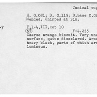 Index card with typed and handwritten information, sometimes including a sketch, of pottery from an excavation.