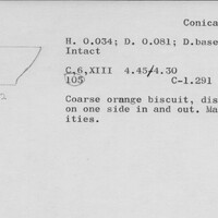 Index card with typed and handwritten information, sometimes including a sketch, of pottery from an excavation.