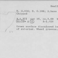Index card with typed and handwritten information, sometimes including a sketch, of pottery from an excavation.