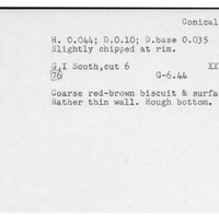Index card with typed and handwritten information, sometimes including a sketch, of pottery from an excavation.