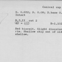 Index card with typed and handwritten information, sometimes including a sketch, of pottery from an excavation.
