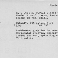 Index card with typed and handwritten information, sometimes including a sketch, of pottery from an excavation.