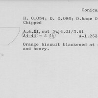 Index card with typed and handwritten information, sometimes including a sketch, of pottery from an excavation.