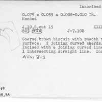 Index card with typed and handwritten information, sometimes including a sketch, of pottery from an excavation.
