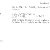 Index card with typed and handwritten information, sometimes including a sketch, of pottery from an excavation.