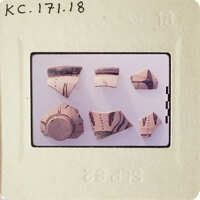 A collection of ancient pottery shards with various patterns and designs.