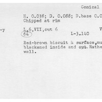 Index card with typed and handwritten information, sometimes including a sketch, of pottery from an excavation.